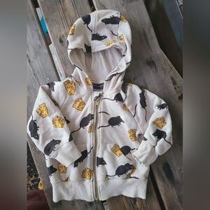 MINI RODINI SZ 12-18M VGUC CREAM BLACK YELLOW MICE 🐁 CHEESE 🧀 sweatshirt Hood
